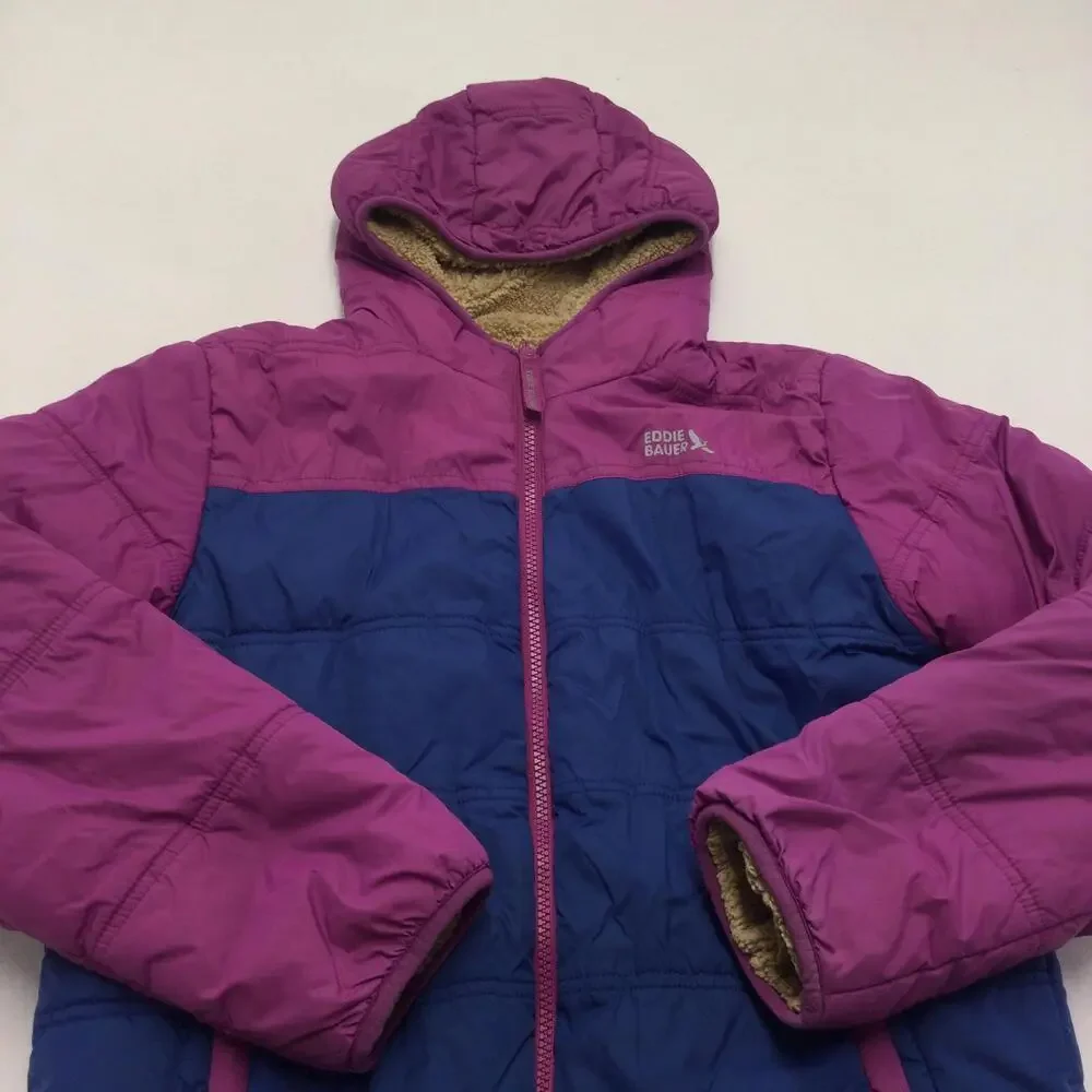 Eddie Bauer Jacket Youth Large 14/16 Purple Blue Hooded Puffer Sherpa Lined
